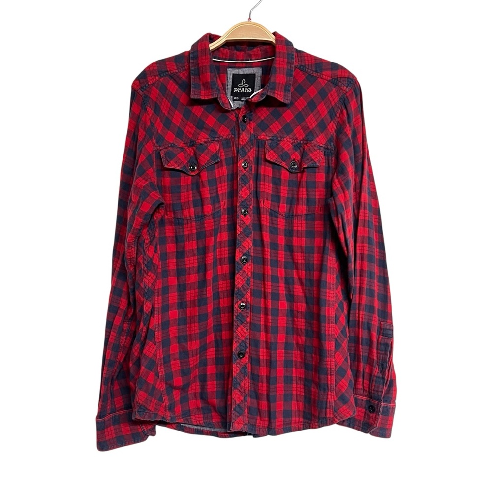 Mens Prana Wessen‎ Red and Black Plaid Long Sleeve Organic Cotton Shirt Medium